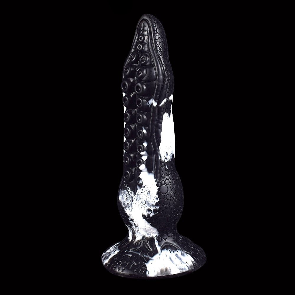 Fantasy octopus tentacle butt plug in dark black, upright view with white base