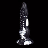 Fantasy octopus tentacle butt plug in dark black, upright view with white base