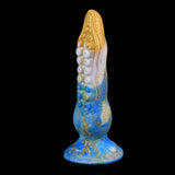 Fantasy octopus tentacle butt plug in gold and blue gradient, upright with white base