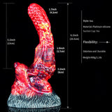 Curved ribbed fantasy anal dildo, red monster tongue design, size graphic