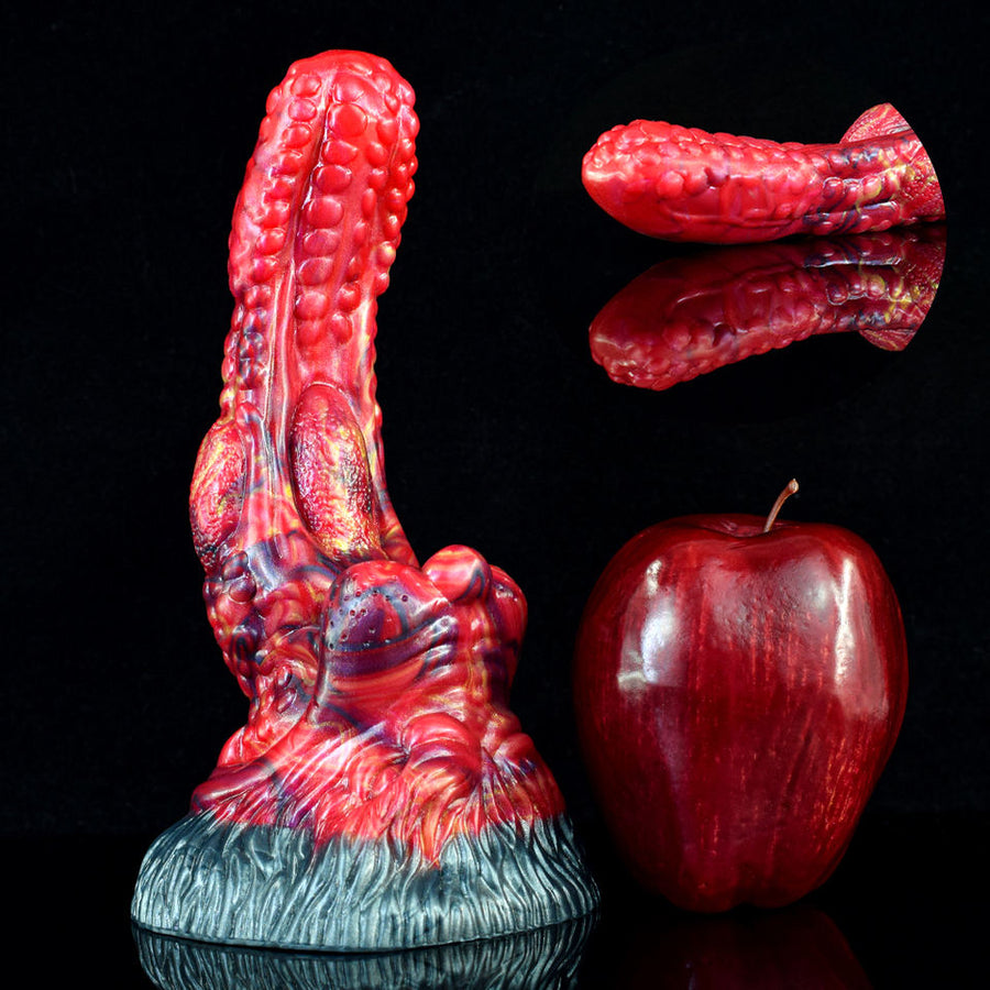 Curved ribbed monster-tongue anal plug, side view, textured flared base