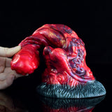Curved monster tongue anal dildo, red textured body and blue-gray suction base