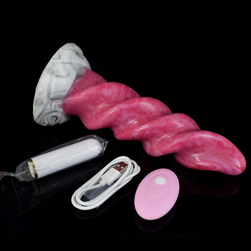 Pink spiral tentacle vibrating dildo with marbled finish and light gray base.