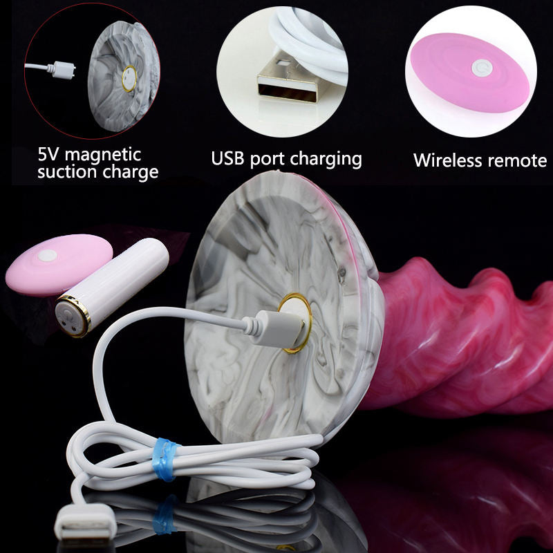 Pink tentacle vibrator with USB charging cable, magnetic suction charge, and wireless remote
