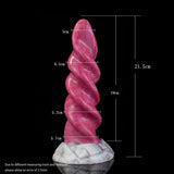 Spiral vibrating tentacle dildo in pink with white base; size diagram with measurements