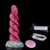Pink tentacle dildo with white base, remote control, and accessories laid out
