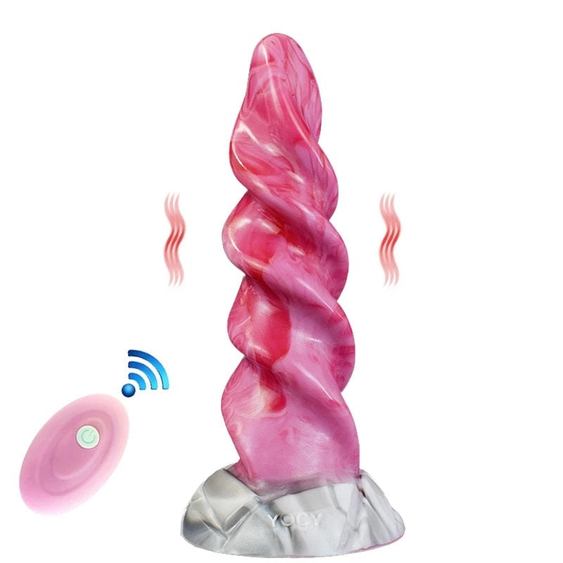 Pink spiral tentacle vibrating dildo with remote indicator dots and motion-style graphic