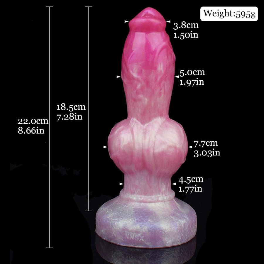 Pink and light purple dog-themed knot novelty dildo, height and weight diagram view