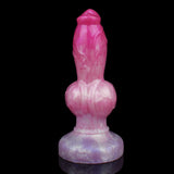 Straight view pink dog-themed sex toy with bulbous base and raised knot