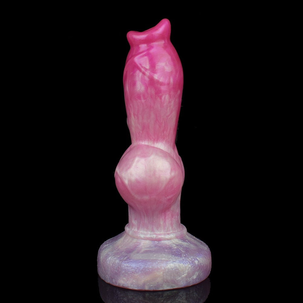 Side view pink dog-shaped sex toy with thick base and raised knot