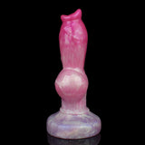 Side view pink dog-shaped sex toy with thick base and raised knot