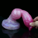 Huge knot dog dildo, realistic animal fantasy design, pink/purple, hand holding