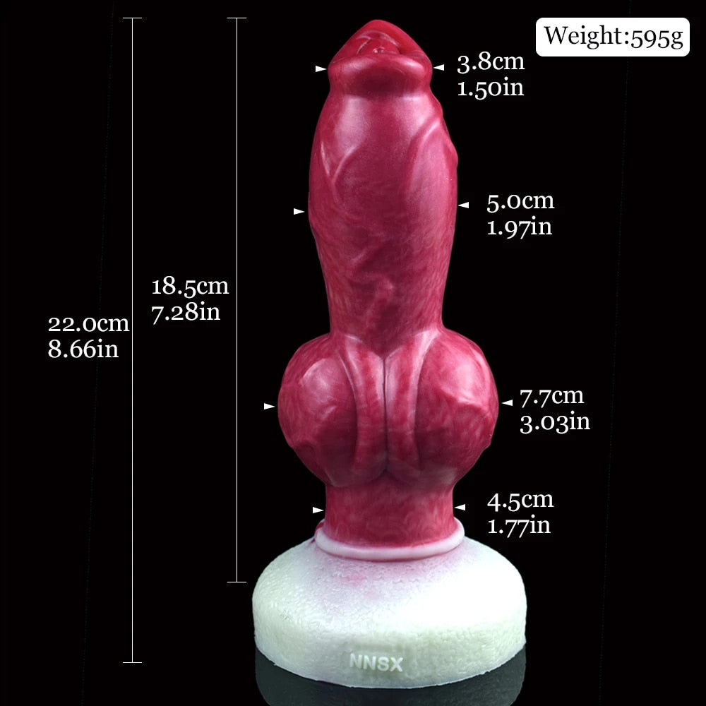 Pink knotted dog-themed dildo with knot detail and white suction base pad