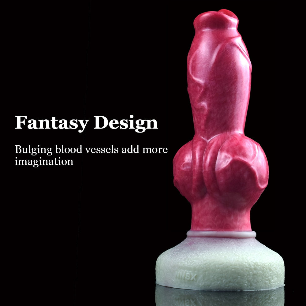 Pink fantasy dog-themed dildo with knot detail and white suction base pad