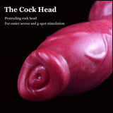 Close-up of pink molded head on knotted dog-themed dildo
