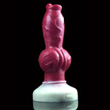 Pink knotted dog-themed dildo, upright rear view with suction base