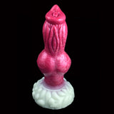 Turuk knotted dog dildo, rear view with pink ribbed body and white base