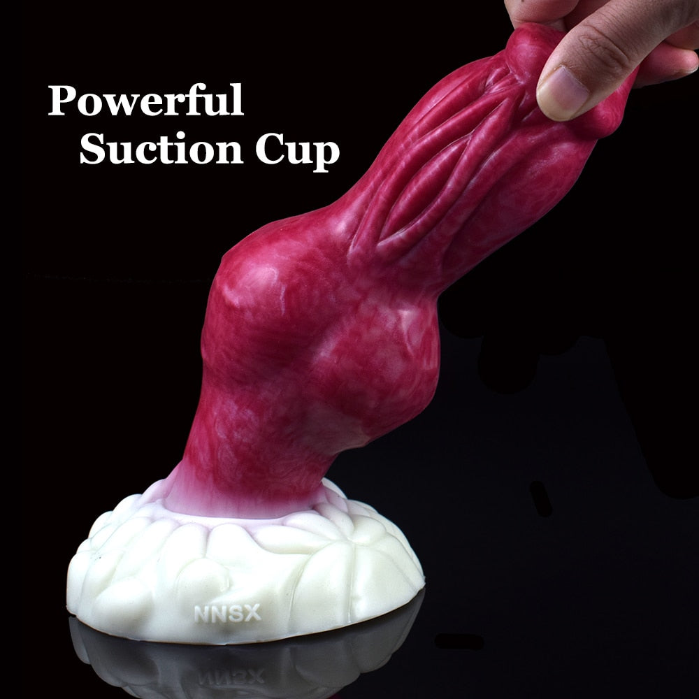 Turuk knotted dog dildo, pink flexible shaft with wide white suction-cup base
