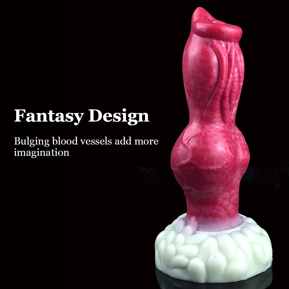 Turuk knotted dog dildo, pink fantasy ribbed shape with bulb base and white collar