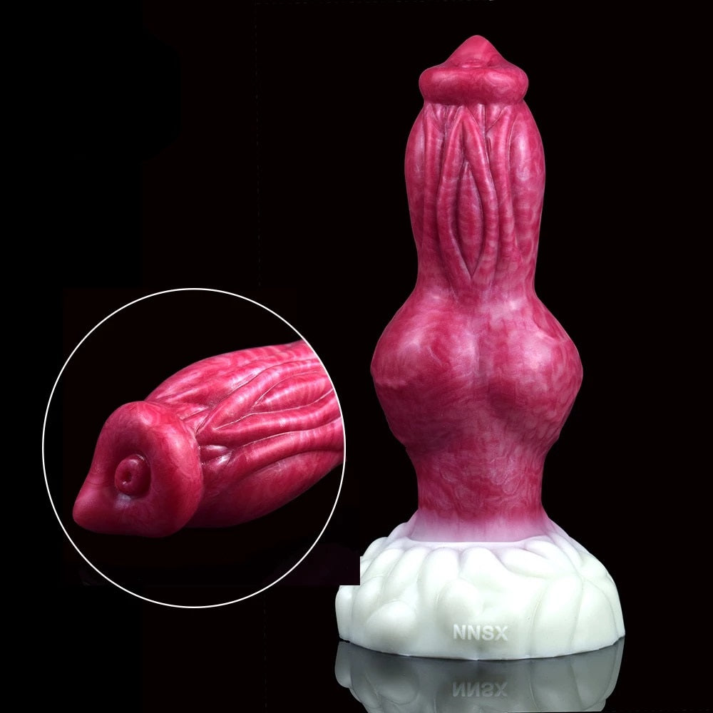 Turuk knotted dog dildo, full view with close-up of pink tip on inset