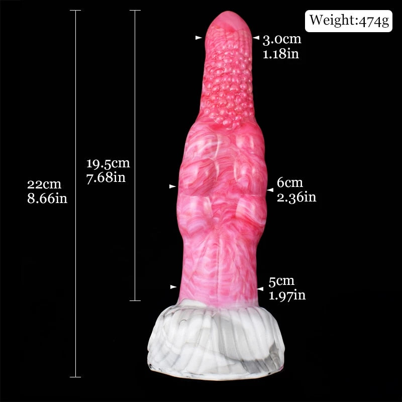 Pink marbled butt plug vibrator with height 19.5 cm and base width 6 cm