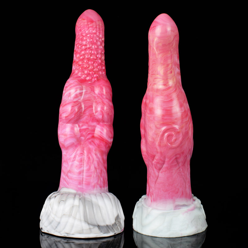 Pink marbled butt plug vibrator front and back views with white spiral base