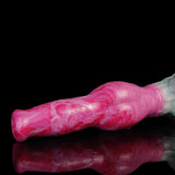 Pink translucent dog dildo, side view with textured grip section