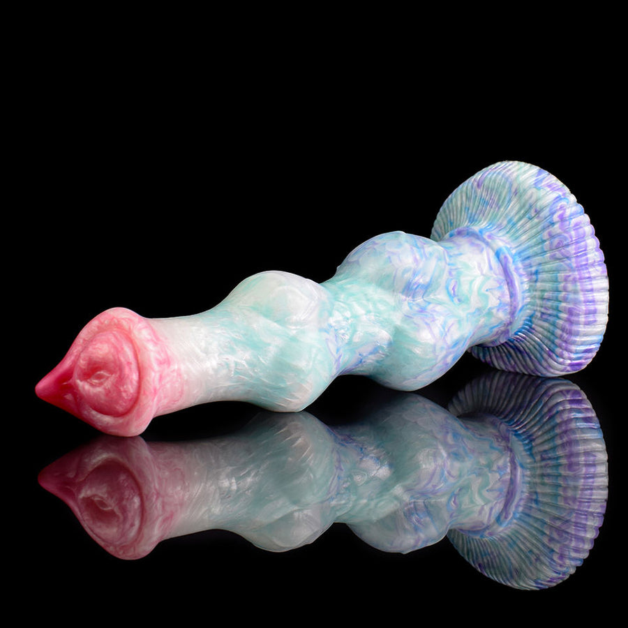 Canine-shaped double-knot sex toy in blue and pink realistic texture, bulb tip